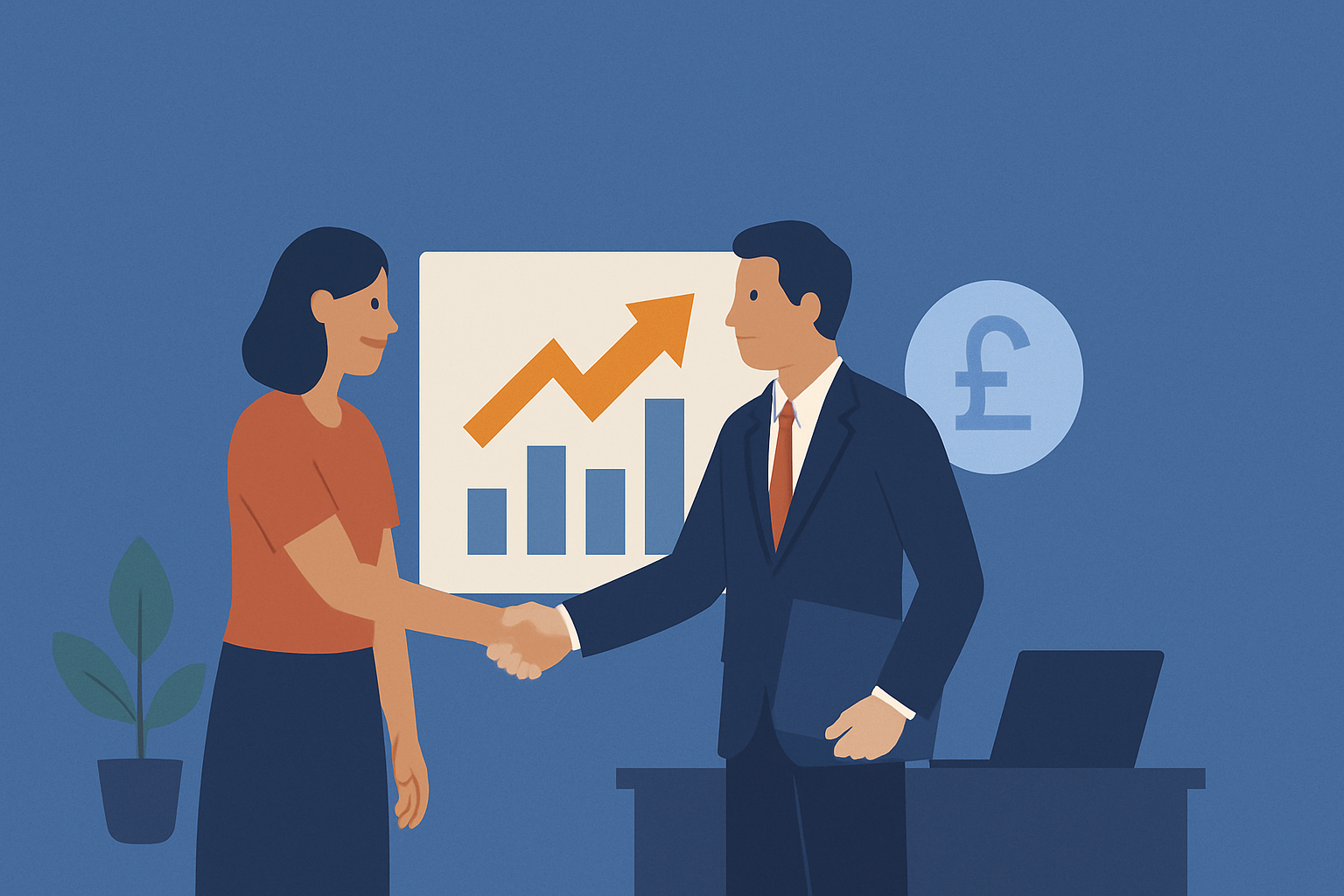 Flat-style digital illustration of a UX designer and a business professional shaking hands in an office setting. Behind them is a presentation with a bar chart and upward arrow, a laptop on a desk, a potted plant, and a large British pound (£) currency symbol, symbolising the connection between UX design and business.